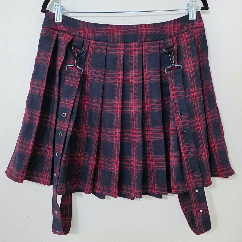 Womens Plaid Pleated Suspender Mini Shirt Sz L Black Red Y2K Emo Mall Punk Alt